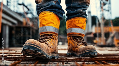 Construction action in urban environment worker boots on steel site industrial setting close-up perspective