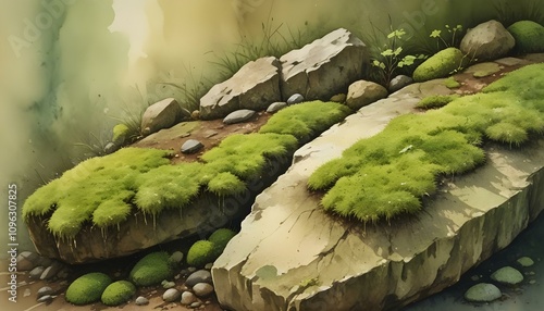 Watercolor Moss-Covered Stone Texture with Dark Greens and Earthy Browns Showing Natural Growth