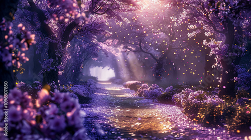 Fantasy Forest Background: A magical forest scene with blooming lilac trees, creating a fantasy-like atmosphere of spring. photo