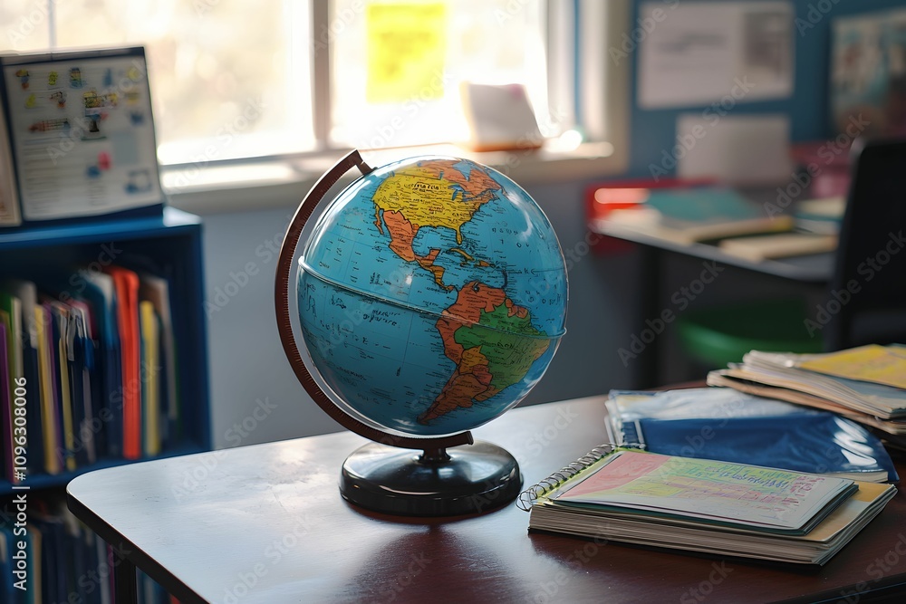 Educational globe on a desk in a classroom setting with books Educational globe on a desk in a classroom setting with books
