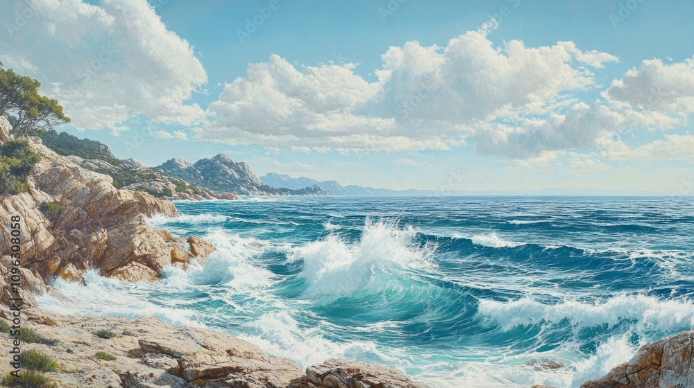 Rocky shoreline with waves crashing and a clear sea stretching into the distance under a bright sky Rocky shoreline with waves crashing and a clear sea stretching into the distance under a bright sky