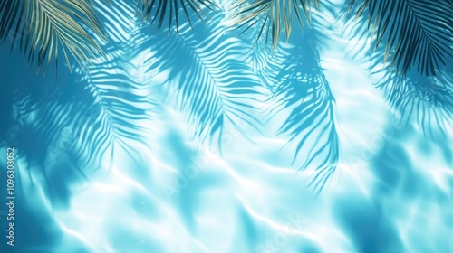 Tropical palm leaves casting intricate shadows on tranquil blue swimming pool water, evoking summer relaxation and serene vacation vibes.