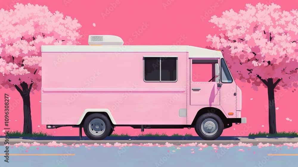 Pink food truck beside cherry blossom trees. Pink food truck beside cherry blossom trees.