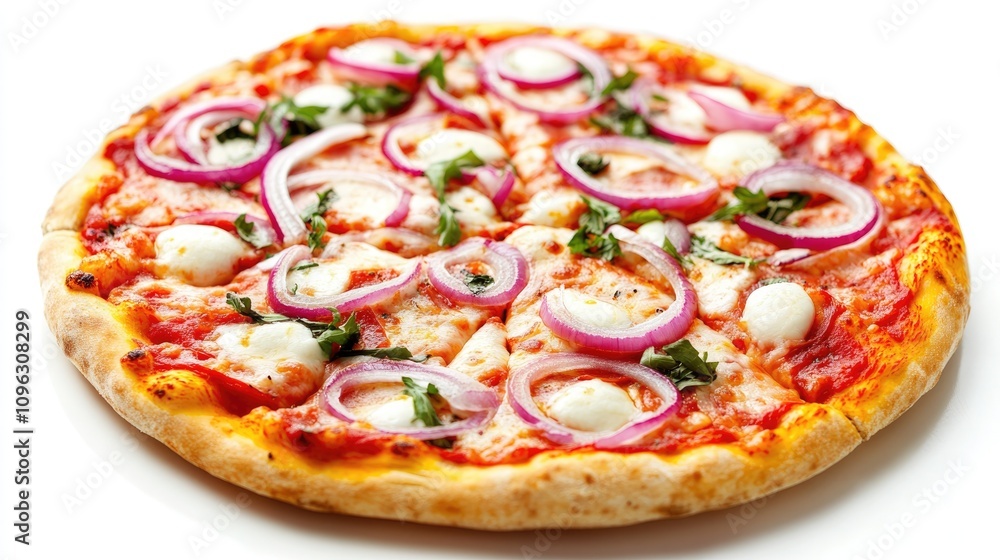 Delicious pizza featuring a golden crust topped with mozzarella cheese, fresh onions, and vibrant herbs on a clean white background Delicious pizza featuring a golden crust topped with mozzarella cheese, fresh onions, and vibrant herbs on a clean white background