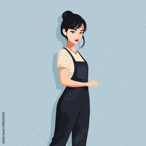 A beautiful young woman in a comfortable black overalls for home work, working in the garden or in a greenhouse or garden. Vector, flat illustration.
