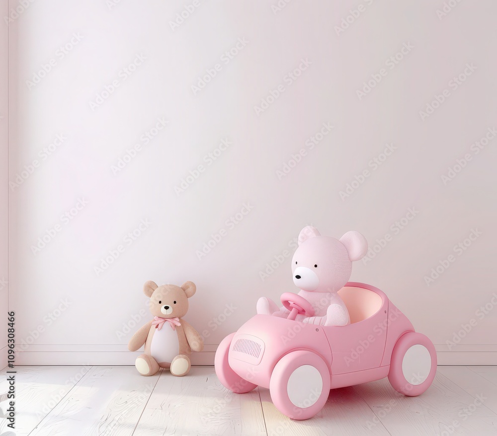 Obraz premium A pink teddy bear sits in a toy wagon in front of a white wall with a green plant in a white vase to the right