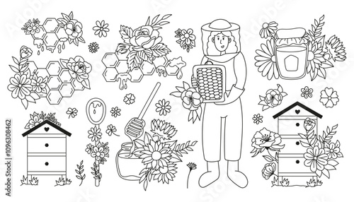 Rustic apiary collection with beekeeper girl, honeycombs, hive, spoon, glass jar and flowers arrangement. Hand drawn doodle illustrations.