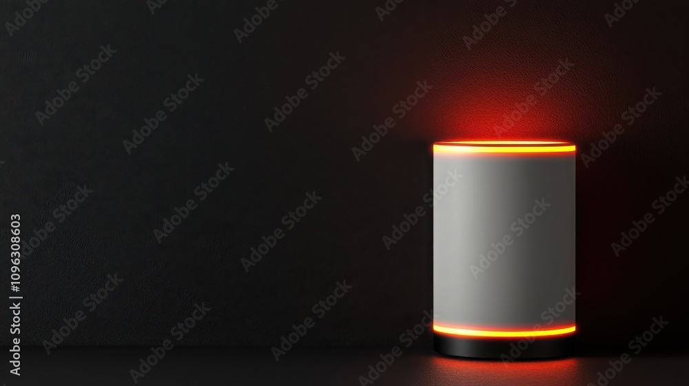 Fire alarm sensor signal concept. A modern, cylindrical smart device with a glowing orange light against a dark background, suggesting advanced technology and design. Fire alarm sensor signal concept. A modern, cylindrical smart device with a glowing orange light against a dark background, suggesting advanced technology and design.
