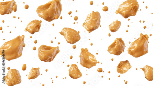 Creamy peanut butter blobs and splatters on black background create rich, textured visual. smooth, golden brown color adds warmth and depth to image, perfect for food related themes