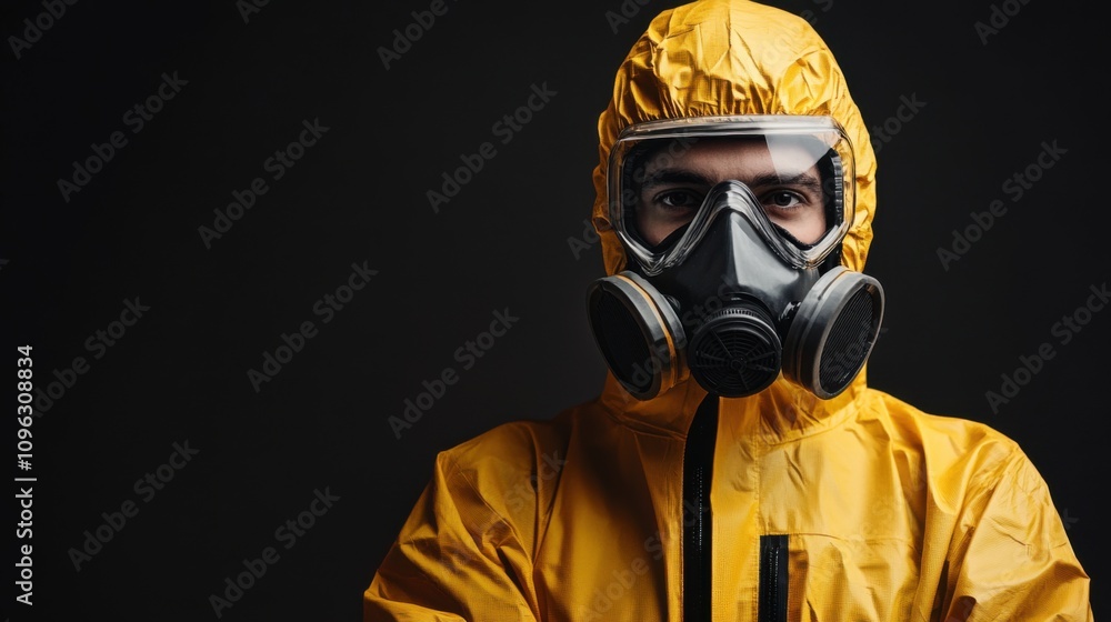 Portrait of a Person Wearing Protective Gear and Gas Mask Against a Dark Background, Highlighting Safety Measures in Hazardous Environments Portrait of a Person Wearing Protective Gear and Gas Mask Against a Dark Background, Highlighting Safety Measures in Hazardous Environments