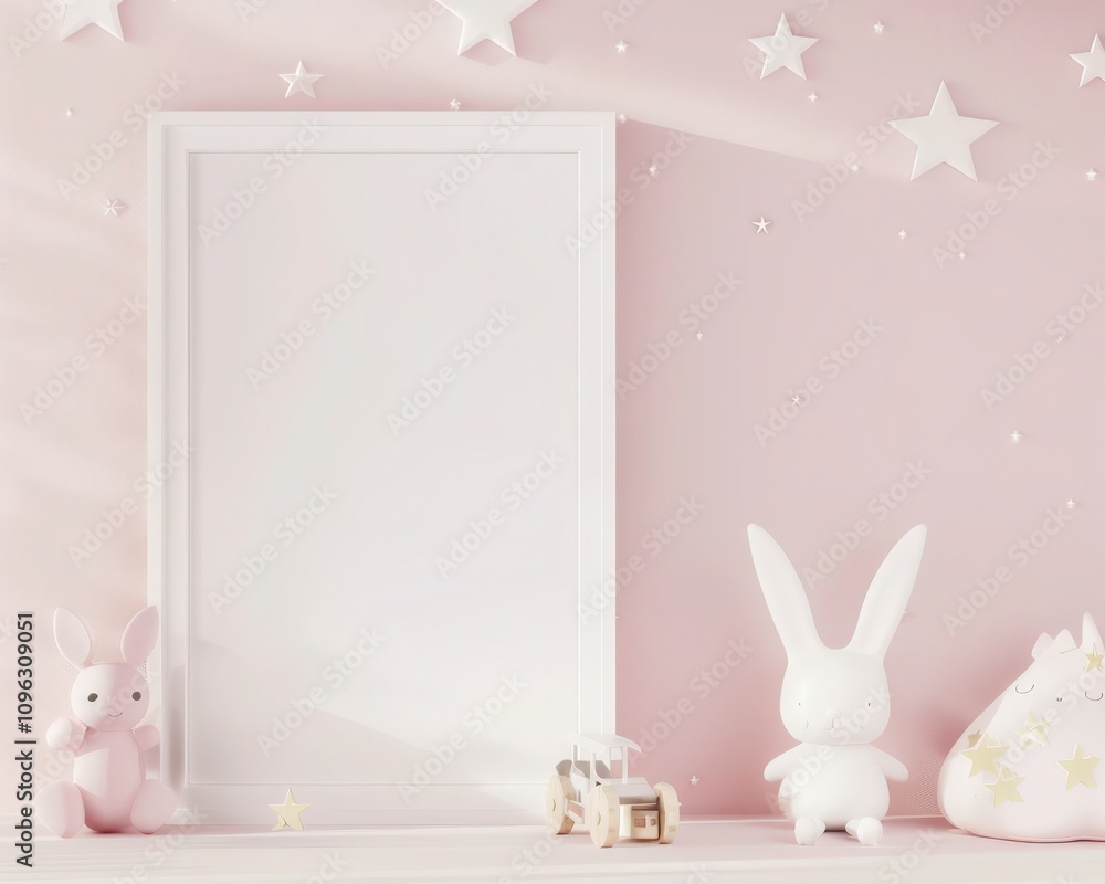 A white picture frame on a pink wall with cute toys. perfect for showcasing your artwork or photography A white picture frame on a pink wall with cute toys. perfect for showcasing your artwork or photography