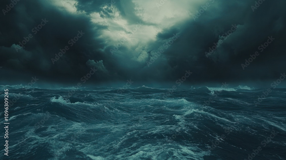 Naklejka premium Sea background with dramatic storm clouds and waves rolling toward the shore, creating a moody atmosphere