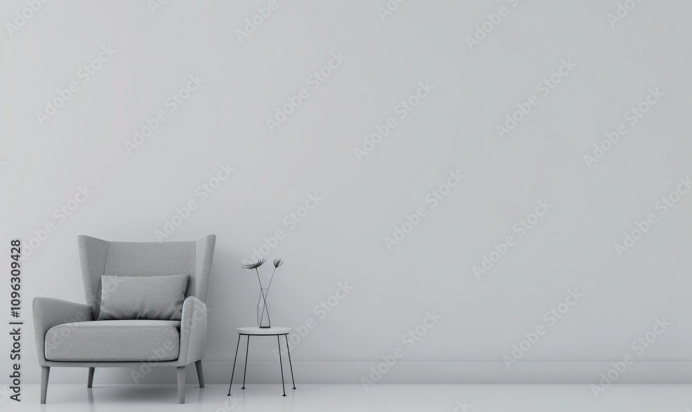 Minimalist living room interior design with a grey armchair. a small side table. and a vase with flowers Minimalist living room interior design with a grey armchair. a small side table. and a vase with flowers