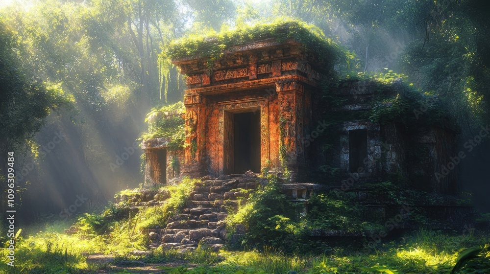 Ancient stone temple overgrown with vegetation, bathed in morning light. Ancient stone temple overgrown with vegetation, bathed in morning light.