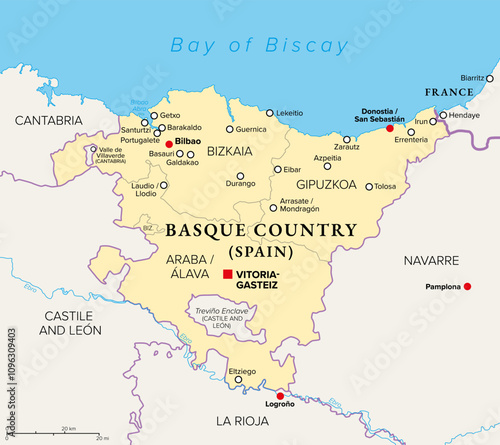 Basque Country, Euskadi, political map with capital Vitoria-Gasteiz and largest city Bilboa. The Basque Autonomous Community in northern Spain includes the provinces Araba, Bizkaia and Gipuzkoa.
