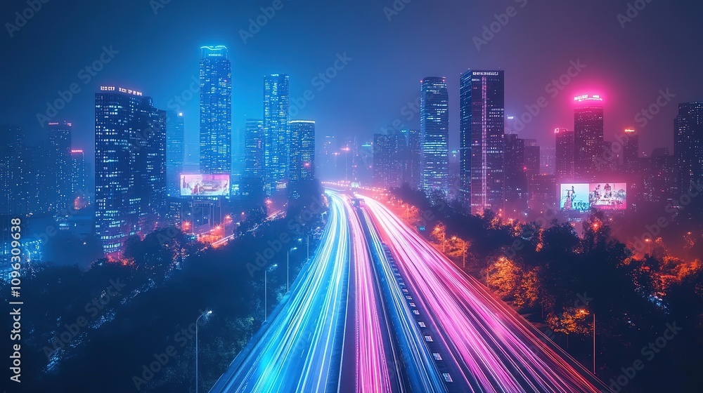 Futuristic cyberpunk cityscape with pink and blue light trails, portraying a sci-fi downtown scene at night with skyscrapers, highways, and billboards, depicted in a 3D illustration. 8k Resolution Futuristic cyberpunk cityscape with pink and blue light trails, portraying a sci-fi downtown scene at night with skyscrapers, highways, and billboards, depicted in a 3D illustration. 8k Resolution