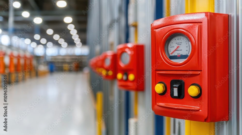 Fire alarm sensor signal concept. A bright, industrial setting featuring red control panels mounted on a wall, likely used for machinery operation in a warehouse or factory. Fire alarm sensor signal concept. A bright, industrial setting featuring red control panels mounted on a wall, likely used for machinery operation in a warehouse or factory.