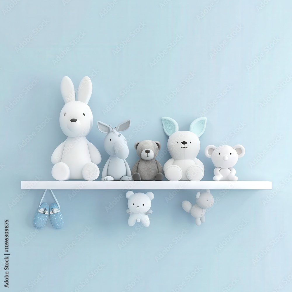 A row of seven stuffed animals sit on a white shelf against a light blue wall A row of seven stuffed animals sit on a white shelf against a light blue wall