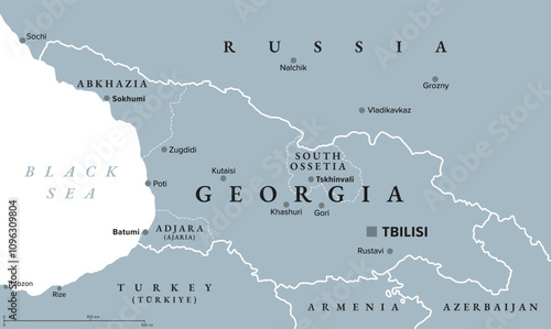 Georgia with capital Tbilisi, gray political map. Country in Eastern Europe and West Asia, part of Caucasus region. With autonomous republics Abkhazia and Adjara, and independent region South Ossetia.