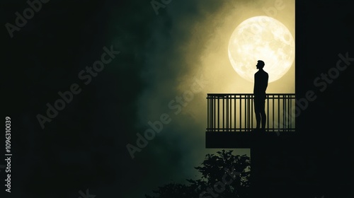 Vampire Silhouette on Balcony Under Full Moon