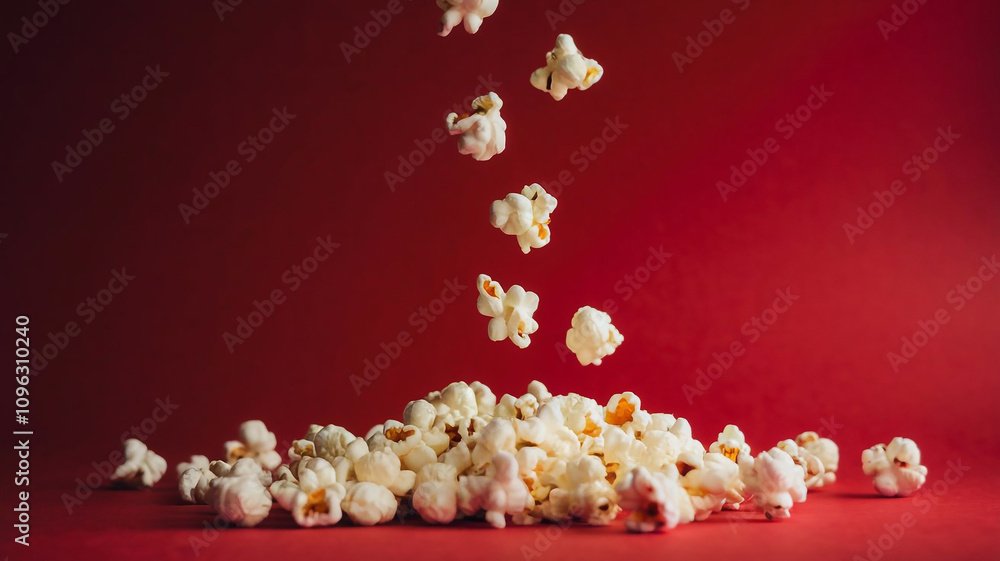 A cinematic shot of popcorn falling in slow motion against a red background A cinematic shot of popcorn falling in slow motion against a red background