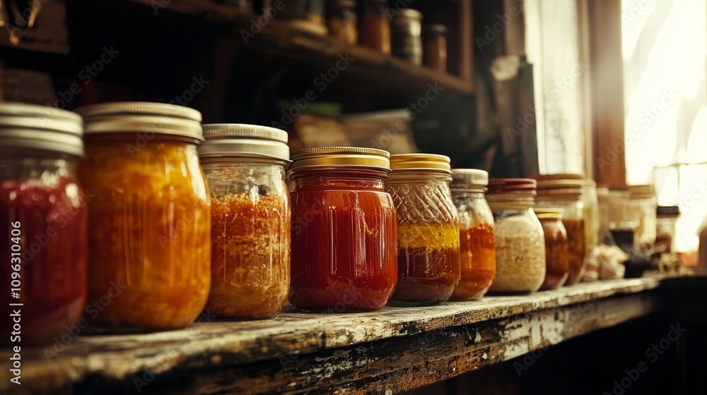 Rustic Jars of Preserves on Wooden Shelf Rustic Jars of Preserves on Wooden Shelf