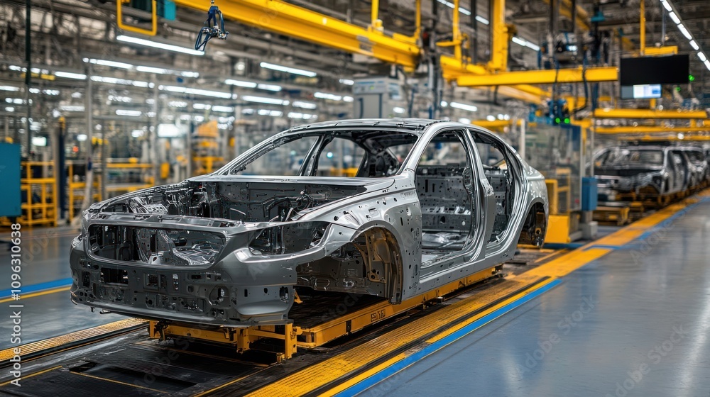 A car body on an assembly line in an automotive factory. A car body on an assembly line in an automotive factory.