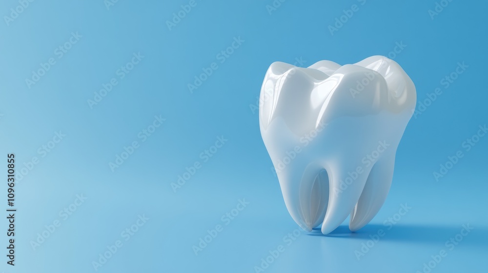 Detailed 3D rendering of a realistic human tooth model, showcasing its anatomical features against a vibrant blue background, ideal for dental education and medical graphic design applications. Detailed 3D rendering of a realistic human tooth model, showcasing its anatomical features against a vibrant blue background, ideal for dental education and medical graphic design applications.