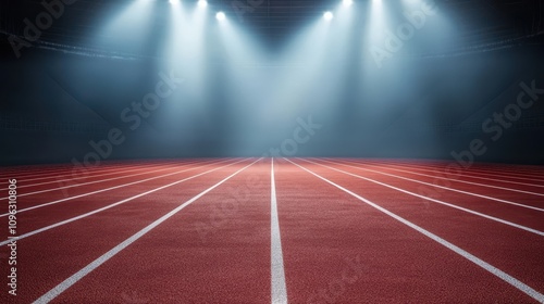 A stadium with a red track and white lines