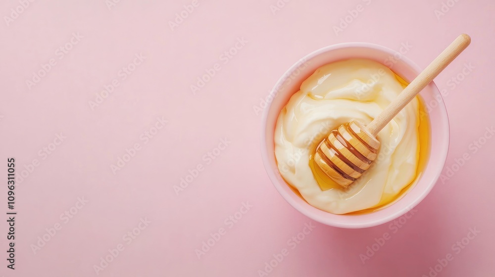 A pink bowl filled with creamy Greek yogurt drizzled with golden honey, highlighting its deliciousness and health benefits like probiotics and calcium on a soft pink backdrop. A pink bowl filled with creamy Greek yogurt drizzled with golden honey, highlighting its deliciousness and health benefits like probiotics and calcium on a soft pink backdrop.