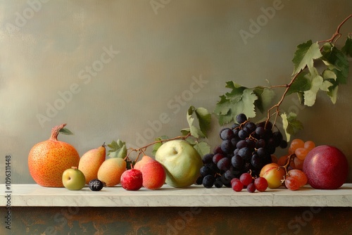 Colorful assortment of fresh fruits displayed on a rustic shelf against a muted background