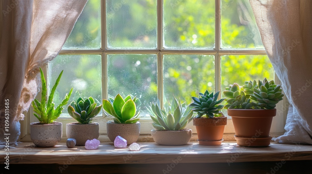 Serene Window Sill with Various Potted Succulents and Crystals Illuminated by Soft Natural Light in a Cozy Indoor Setting