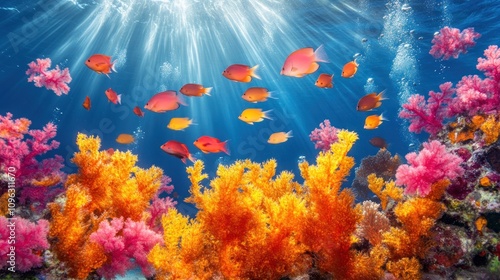 A vibrant coral reef teeming with life, showcasing diverse corals and colorful fish swimming in the sunlit blue water.