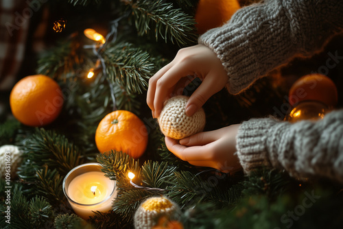 
The hand knits the balls onto the Christmas tree, tangerines and candles are laid out nearby.