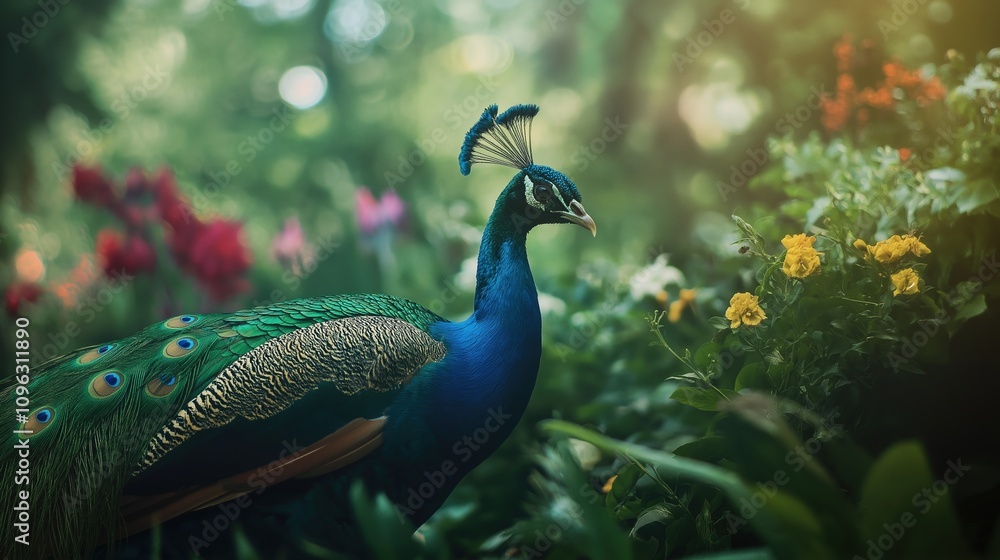 Vibrant Peacock in a Lush Garden Scene Vibrant Peacock in a Lush Garden Scene