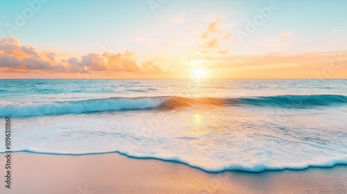 Serene sea with gentle waves and a golden sunrise, creating a tranquil and warm background