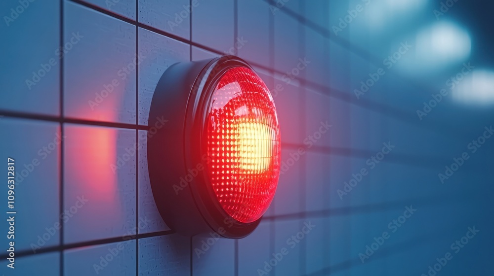 Fire alarm sensor signal concept. A glowing red warning light mounted on a tiled wall, casting a soft glow in a dimly lit environment. Fire alarm sensor signal concept. A glowing red warning light mounted on a tiled wall, casting a soft glow in a dimly lit environment.