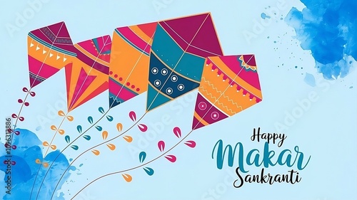  Abstract Illustration of Happy Makar Sankranti wallpaper with colorful kites for festival of India- vector background.