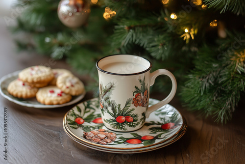 tea pair with New Year's print, milk in a mug and cookies on the background of a Christmas tree