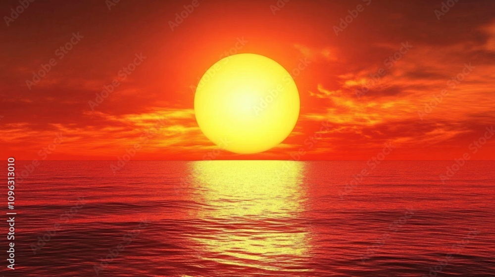 Sunset over the sea with fiery orange and red hues casting reflections on calm water Sunset over the sea with fiery orange and red hues casting reflections on calm water