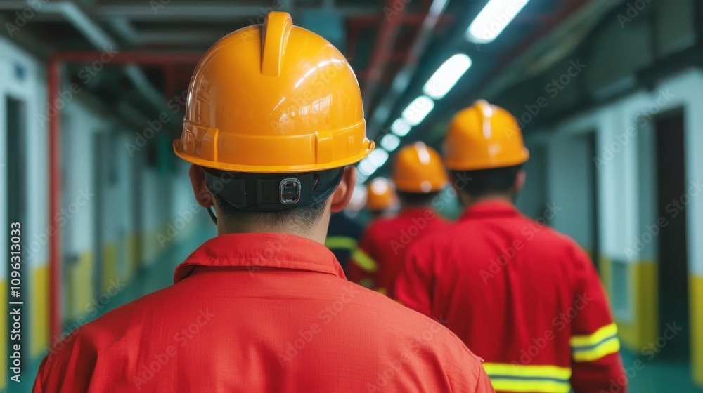Fire alarm sensor signal concept. Workers in safety gear walk through an industrial corridor, showcasing teamwork and professionalism in a construction or maintenance environment. Fire alarm sensor signal concept. Workers in safety gear walk through an industrial corridor, showcasing teamwork and professionalism in a construction or maintenance environment.