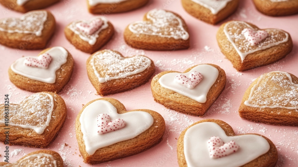 Heart-shaped gingerbread cookies with sugar glaze and decorative icing on a pink backdrop, ideal for Valentine's Day celebrations and special occasions Heart-shaped gingerbread cookies with sugar glaze and decorative icing on a pink backdrop, ideal for Valentine's Day celebrations and special occasions