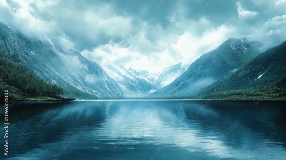 Fototapeta premium A tranquil lake reflecting the majestic mountains under a cloudy sky.