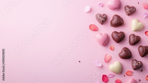 Valentine's Day flat lay showcasing an assortment of heart-shaped chocolates scattered with flower petals on a soft pastel pink background.