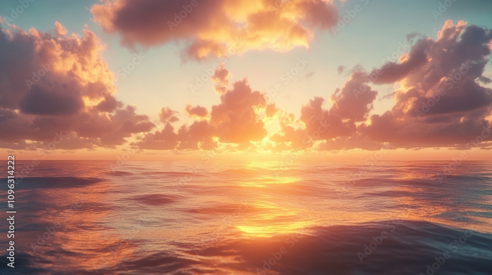 Obraz premium Sunset over the sea with warm light reflecting on the waves and clouds glowing in the sky
