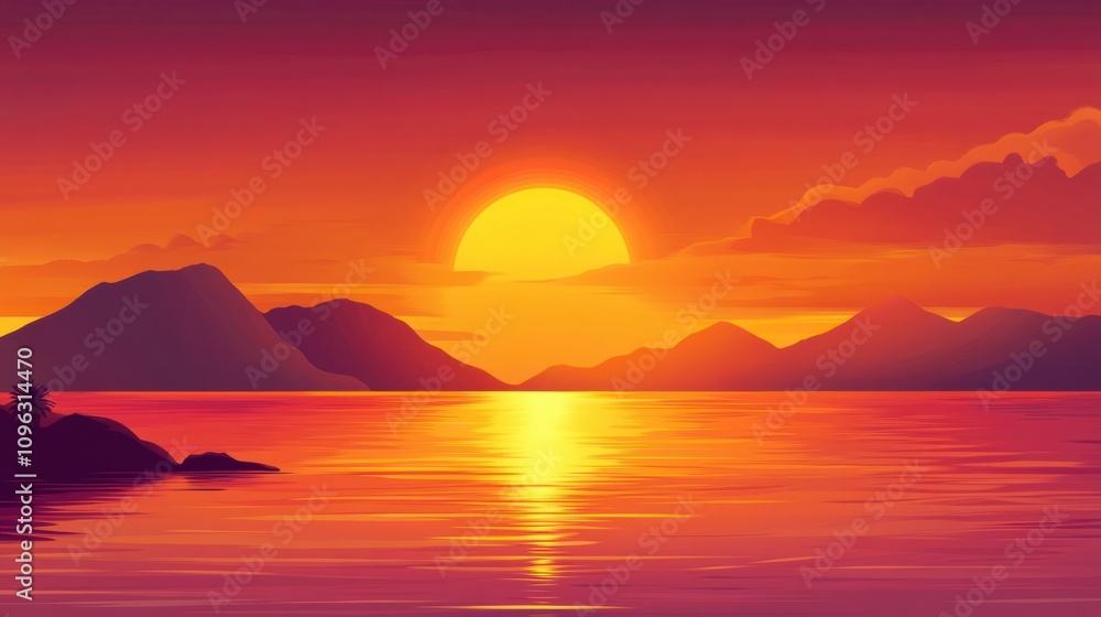 Sunset sea background with a silhouette of distant islands and warm light glowing on the water Sunset sea background with a silhouette of distant islands and warm light glowing on the water