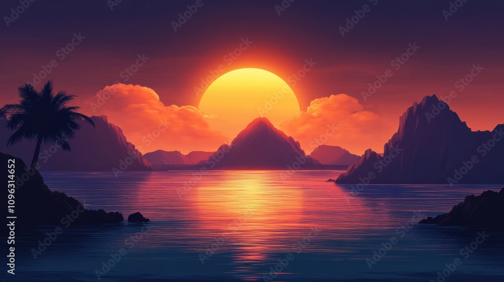 Fototapeta premium Sunset sea background with a silhouette of distant islands and warm light glowing on the water