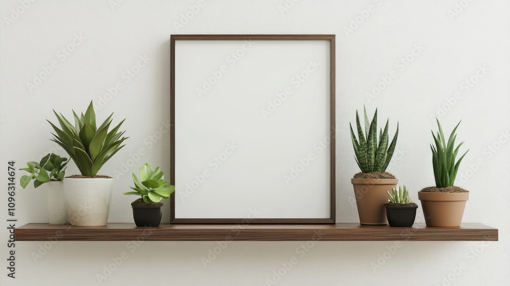 Scandinavian interior with a mock photo frame on a brown bamboo shelf, decorated with stylish plants in unique pots against white walls, highlighting modern floral design. Scandinavian interior with a mock photo frame on a brown bamboo shelf, decorated with stylish plants in unique pots against white walls, highlighting modern floral design.