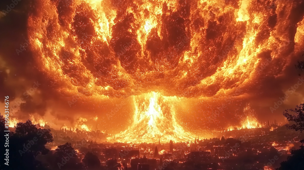 A fiery explosion engulfs a city in flames.. A fiery explosion engulfs a city in flames..