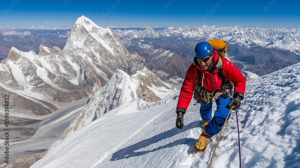 Climber ascends snowy mountain peak with breathtaking views. Climber ascends snowy mountain peak with breathtaking views.